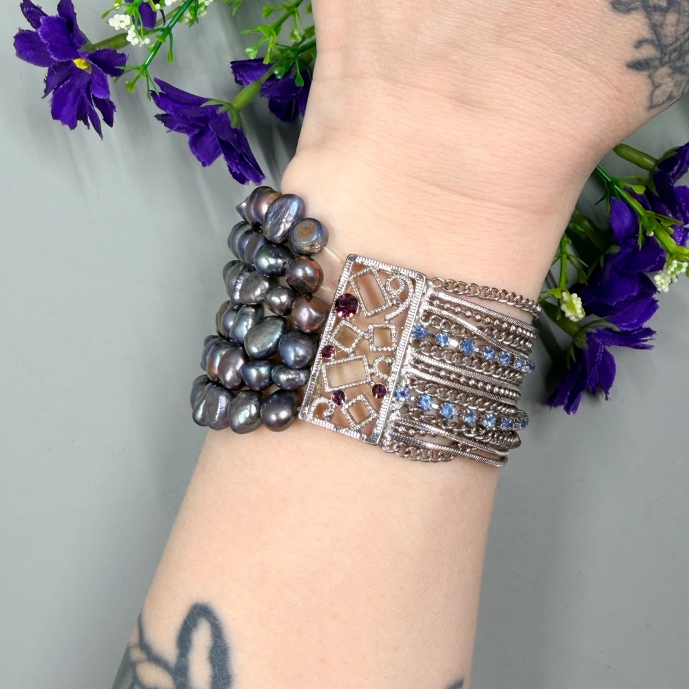 Genuine Pearl Multi Strand Bracelet with Crystal Accents